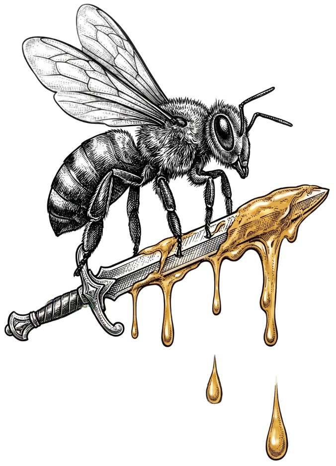 Spiritual Honey Sweet Tea bee warrior mascot holding a honey sword