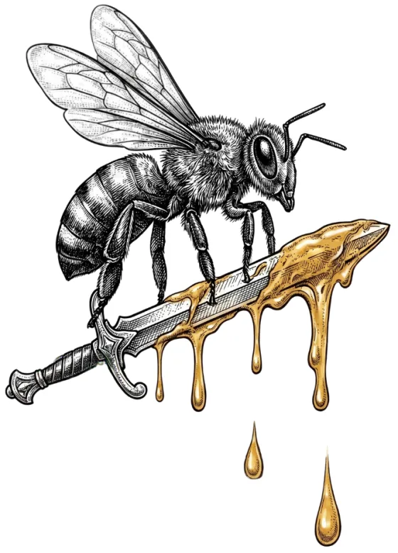 Spiritual Honey Sweet Tea bee warrior mascot holding a honey sword